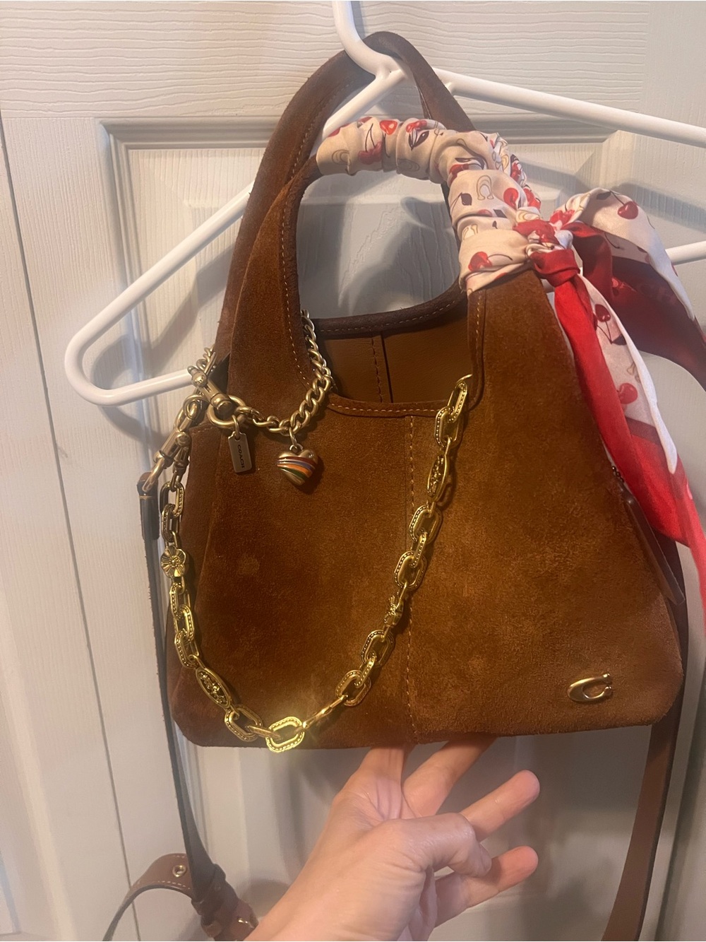 Coach Chestnut Suede Shoulder Bag with Gold Chain & Heart Charm